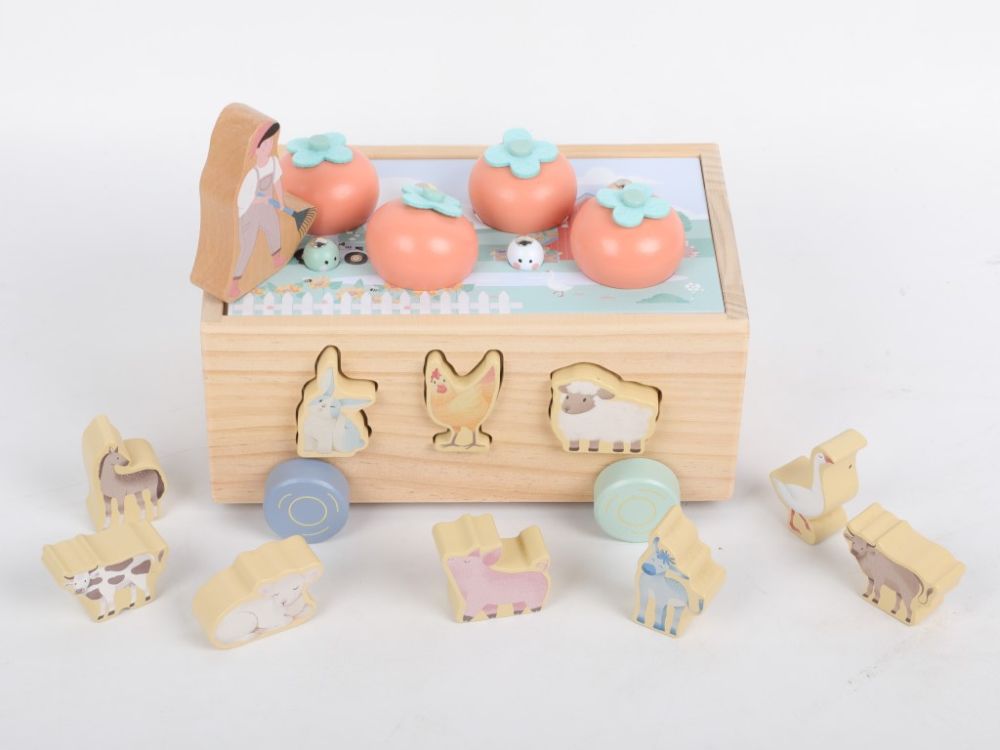 eliNeli Multifunkční dřevěná pojízdná farma se zvířátky 3v1