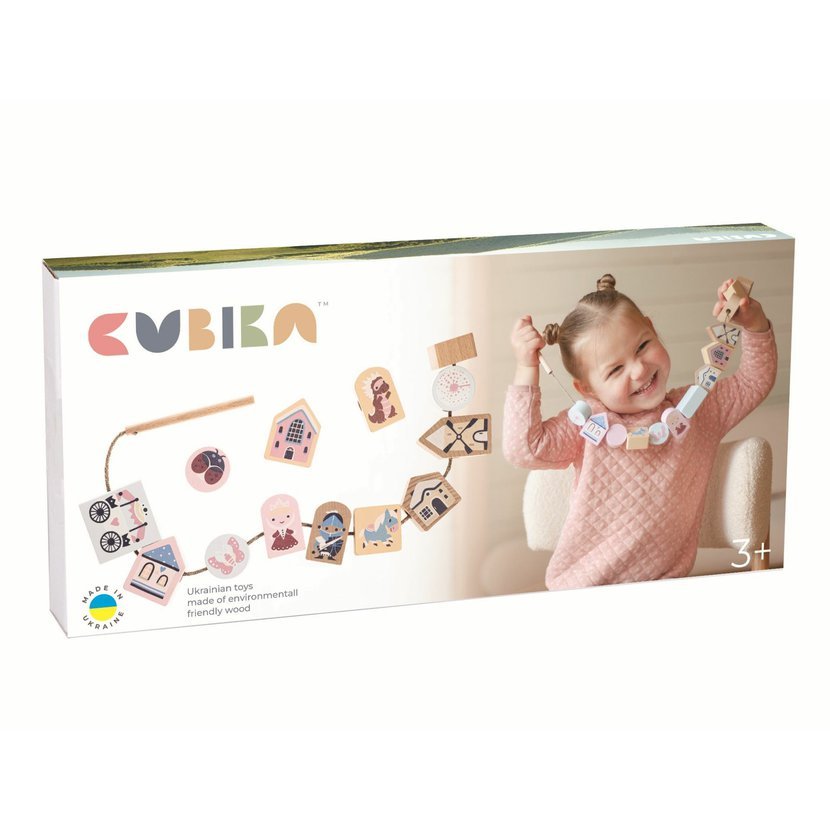 CUBIKA Pastel 16013 Navlékací pohádka - navlékací set - 13 dřevěných dílů a 8 předloh