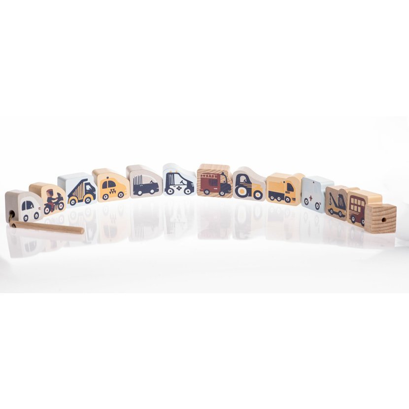 CUBIKA Pastel 16006 Navlékací dopravní prostředky - navlékací set - 13 dřevěných dílů a 8 předloh