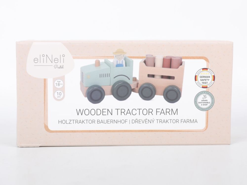 eliNeli Dřevěný traktor pro děti (s vlečkou a doplňky)